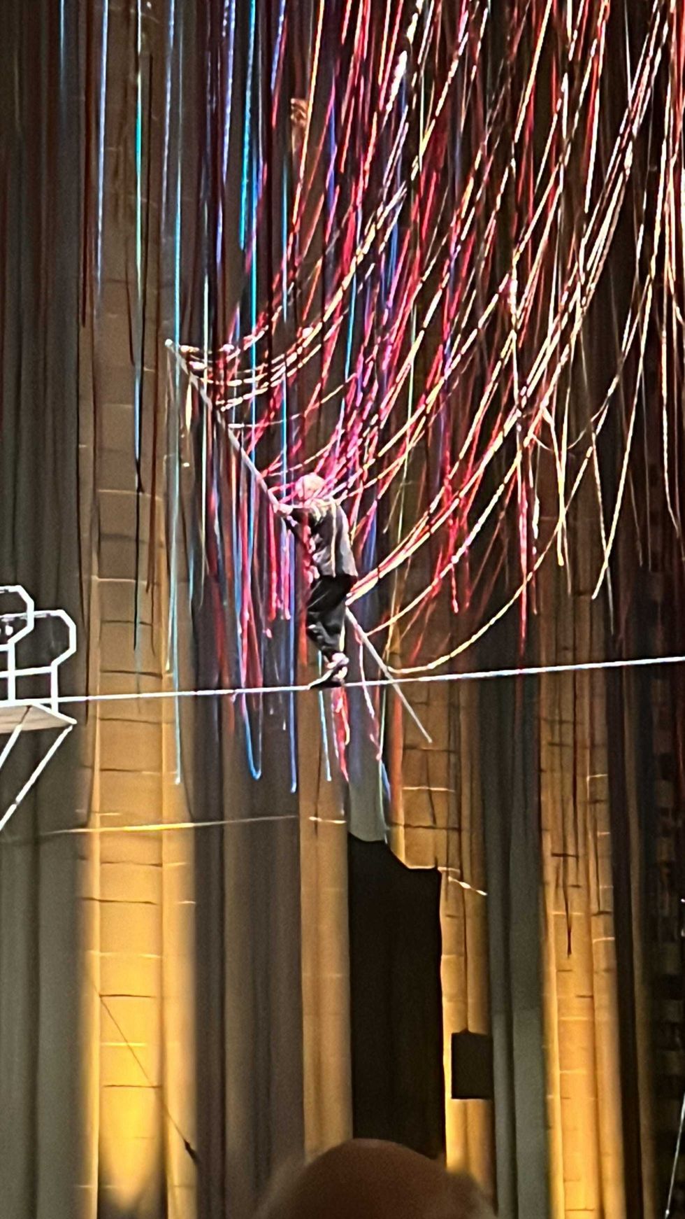 Philippe Petit on the highwire at St. John the Divine in Manhattan on Feb. 1, 2024.