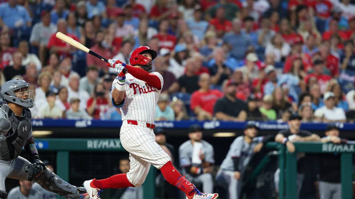 Phillies left fielder Kyle Schwarber hits a home run during the first inning against the Miami Marlins at Citizens Bank Park on Sept. 23 in Philadelphia, Pennsylvania.