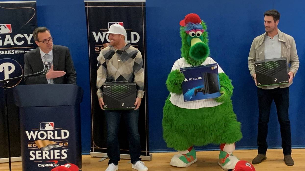 Phillies radio voice Scott Franzke, L.A. Dodgers star Justin Turner, the Phillie Phanatic, former Phillies star Cole Hamels at an announcement of $50,000 donated by MLB and Phillies Charities, Inc. to a Police Athletic League center in Port Richmond.