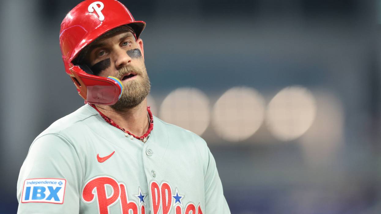 Phillies right fielder Bryce Harper reacts after grounding out in the eighth inning during a game against the Miami Marlins at loanDepot park on July 28, 2026 in Miami, Florida.