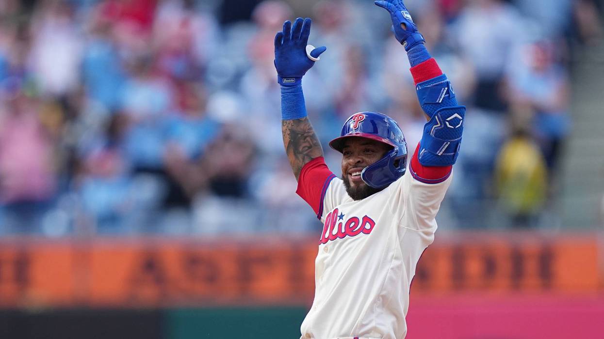 Phillies second baseman Edmundo Sosa reacts from second base after hitting a two-run single off of Washington Nationals pitcher Cole Henry during the ninth inning of a game at Citizens Bank Park on Wednesday, April 1.