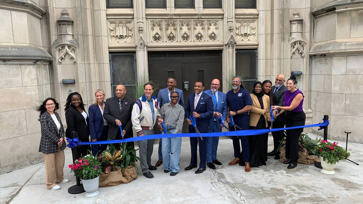 Philly district officials cut ribbon outside Frankford High School