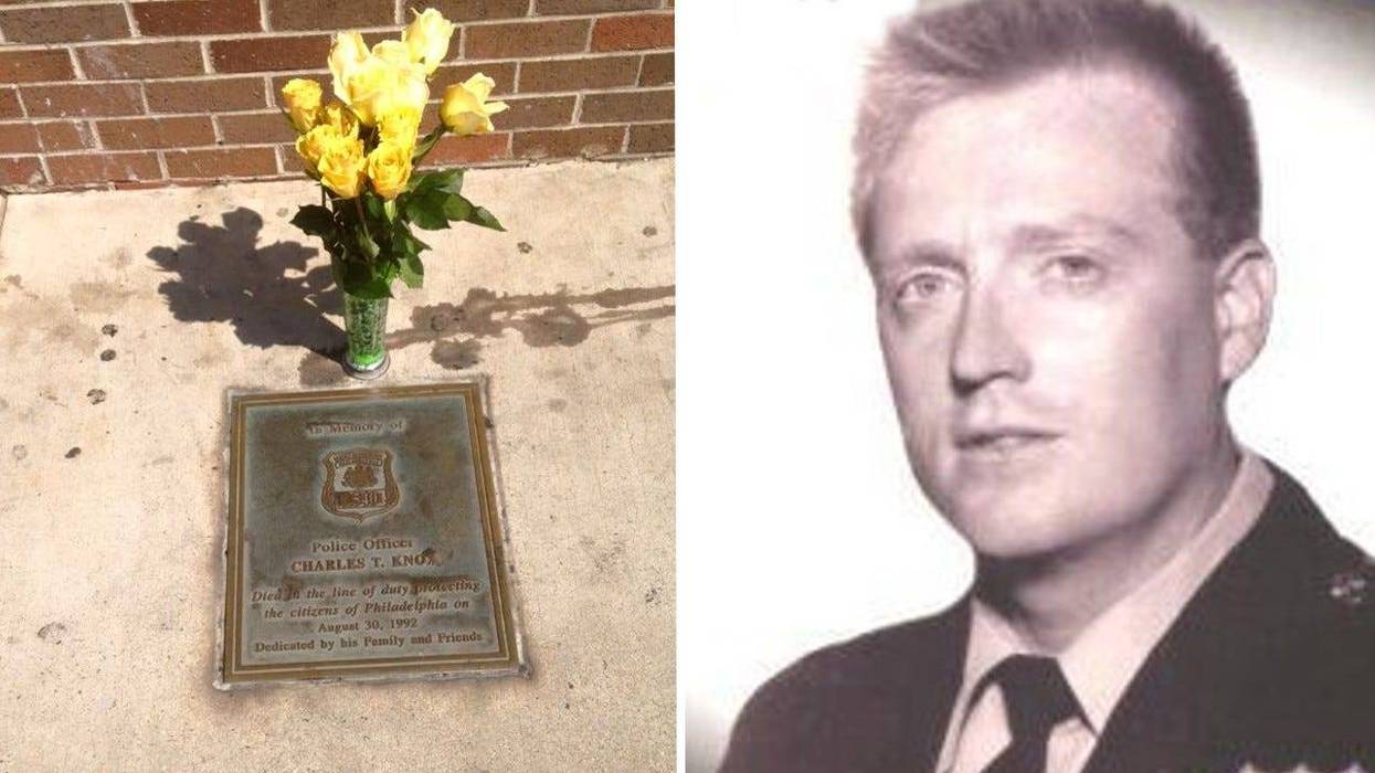 Photo of Philadelphia Police Officer Charles Knox and the plaque honoring him after his shooting death in the line of duty.