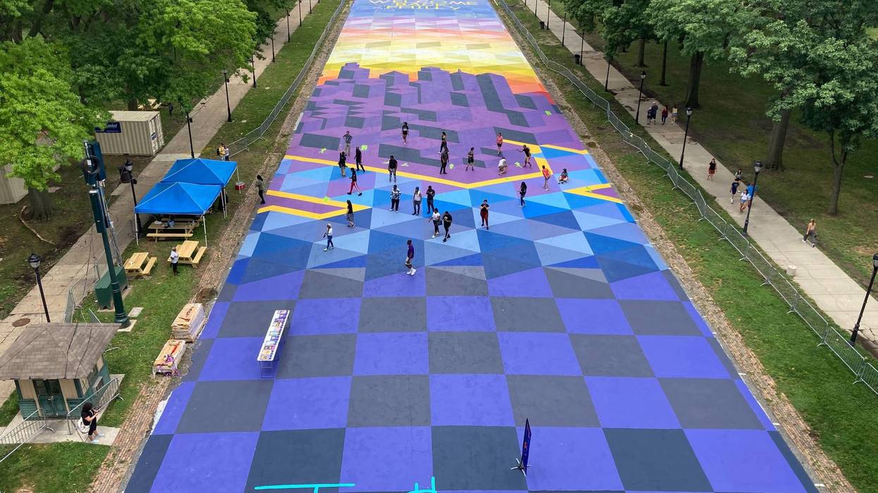 Photo of the Together Again mural near the Philadelphia Museum of Art.