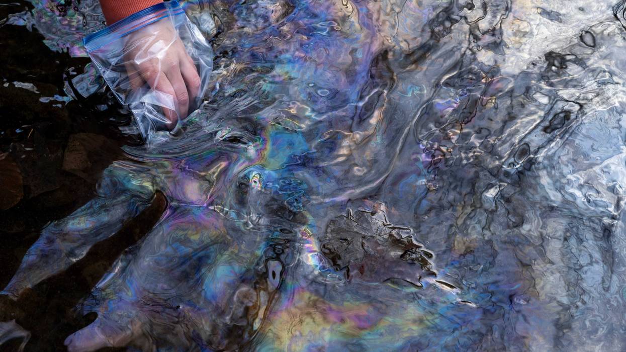 photo of water in east palestine. it's colorful and looks like oil or chemicals have been spilled in it.