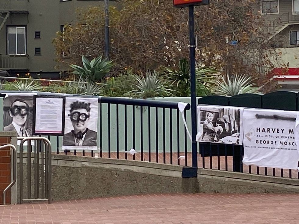 Photographs memorializing former San Francisco Supervisor Harvey Milk and Mayor George Moscone on the 43rd anniversary of their assassination were defaced on Wednesday.