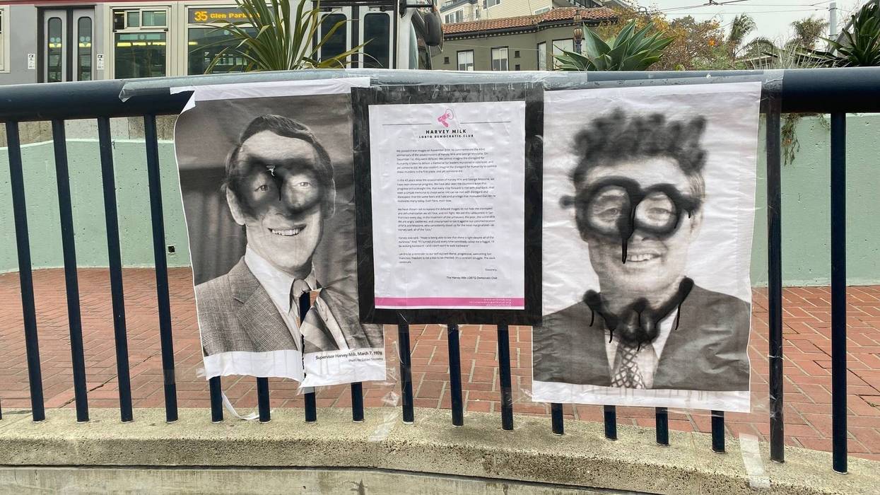 Photographs memorializing former San Francisco Supervisor Harvey Milk and Mayor George Moscone on the 43rd anniversary of their assassination were defaced on Wednesday.