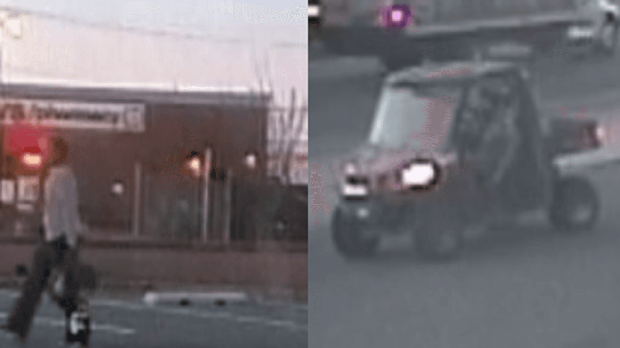 Photos of a maroon and black colored Polaris Northstar XP 1000 two seat style golf cart allegedly use by an offender Feb. 18, 2023 in Philadelphia.