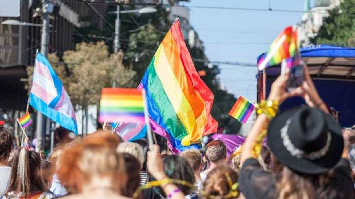 Picture of a crowd of people holding and Pride flags.