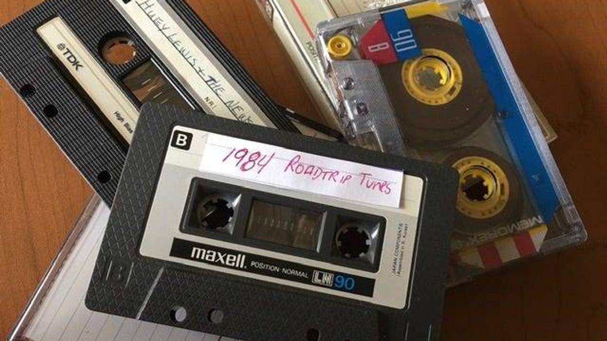 pile of cassette tapes, one says 18=984 road trip tunes