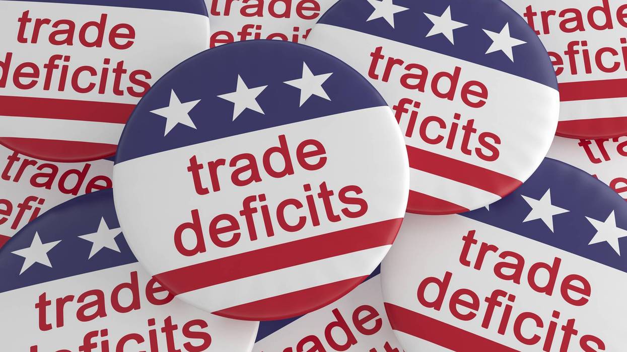Pile of Trade Deficits Buttons With US Flag, 3d illustration
