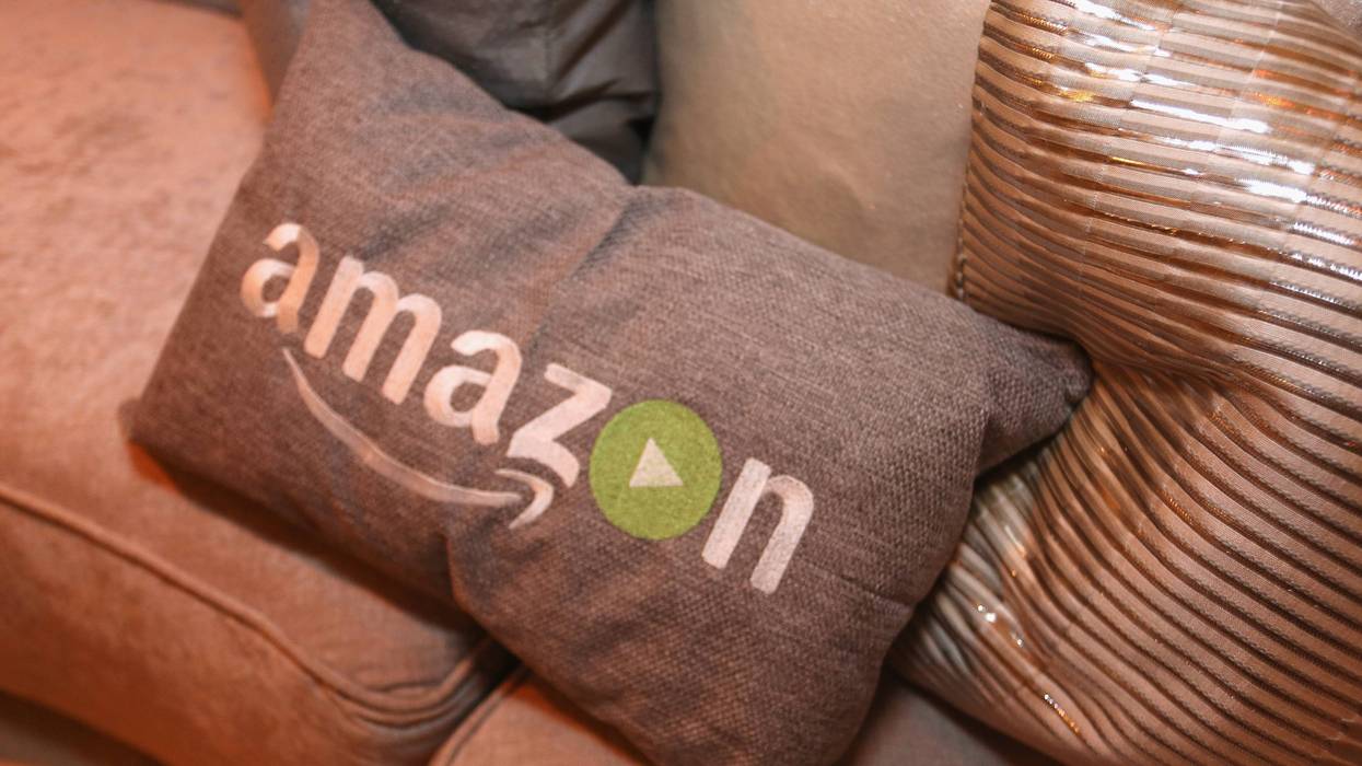 Pillows emblazoned with the Amazon logo