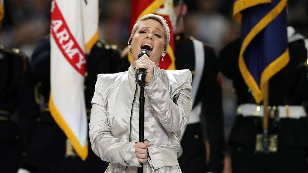 Pink sings the national anthem prior to Super Bowl LII between the New England Patriots and the Philadelphia Eagles at U.S. Bank Stadium in Minneapolis, Feb 4, 2018.