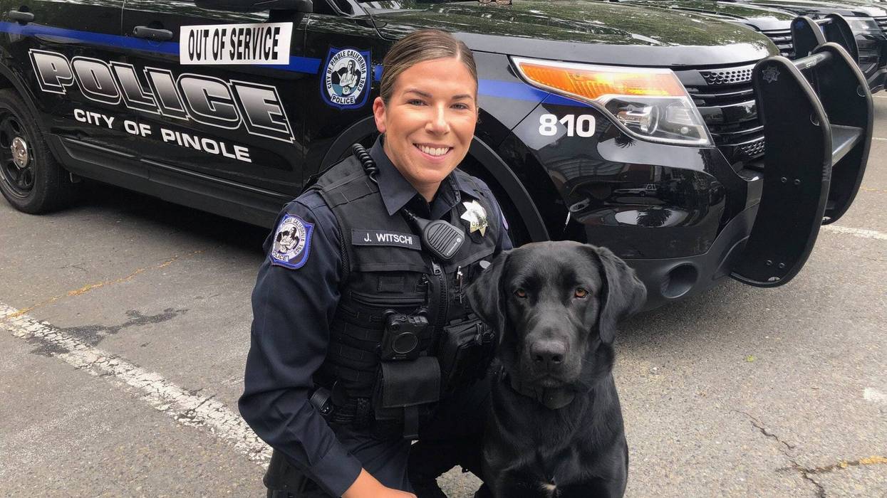 Pinole Police Officer Jennifer Witschi with Milo, a therapy dog that the department has acquired.