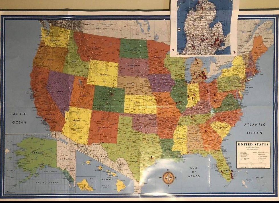 Pins showing all the locations where Brendan flyers have been posted