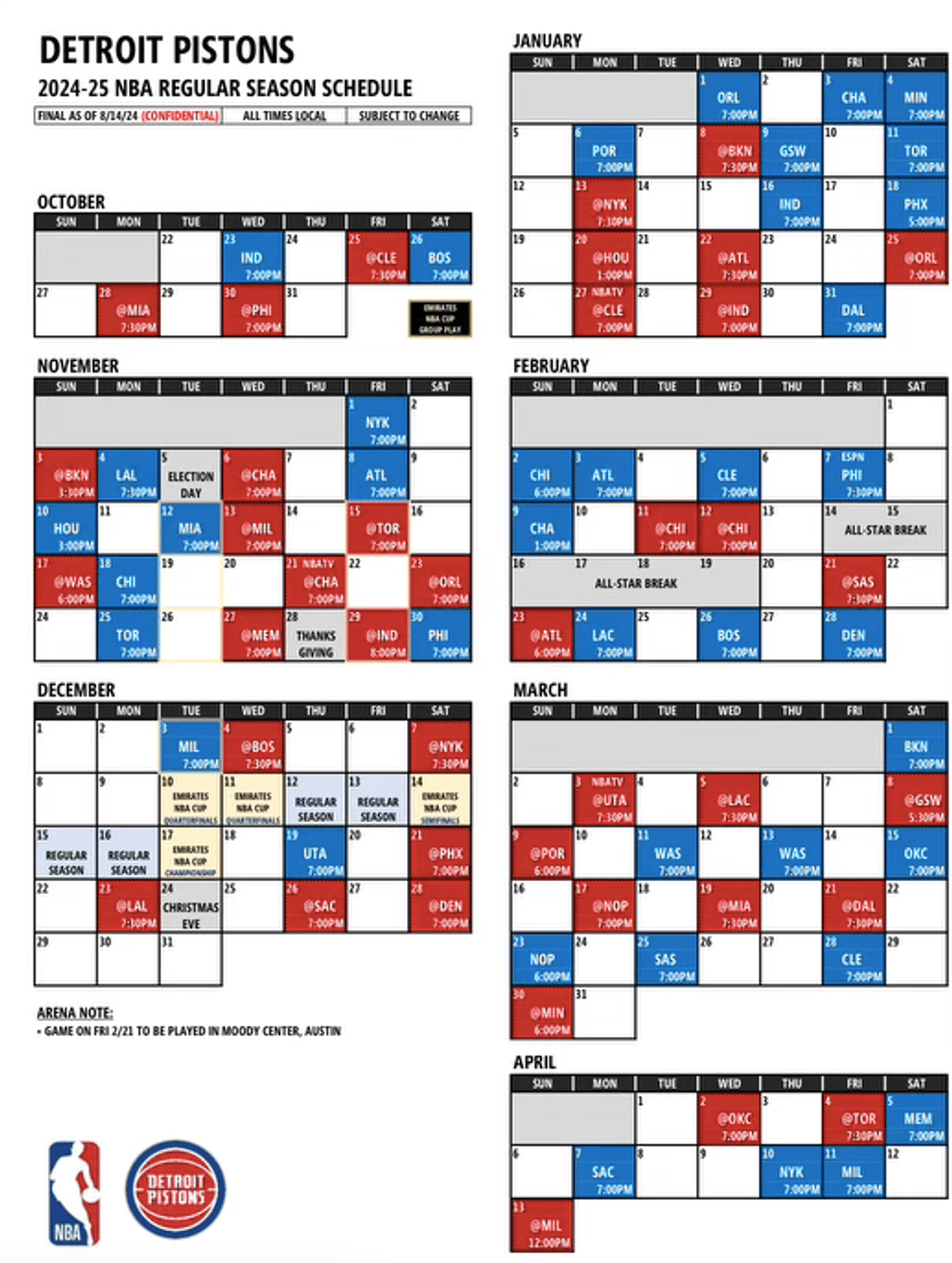 Pistons Schedule