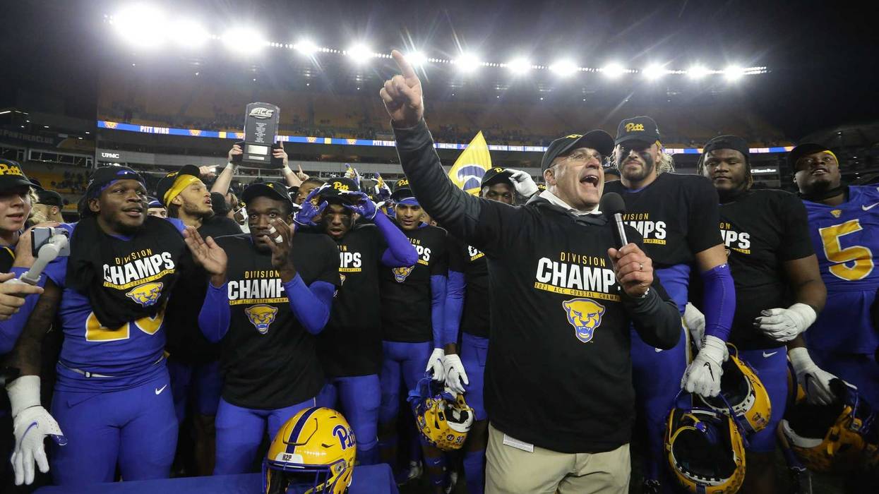 Pittsburgh Panthers head coach Pat Narduzzi address the crowd after the Panthers defeated the Virginia Cavaliers to secure the ACC Coastal Division Championship at Heinz Field.