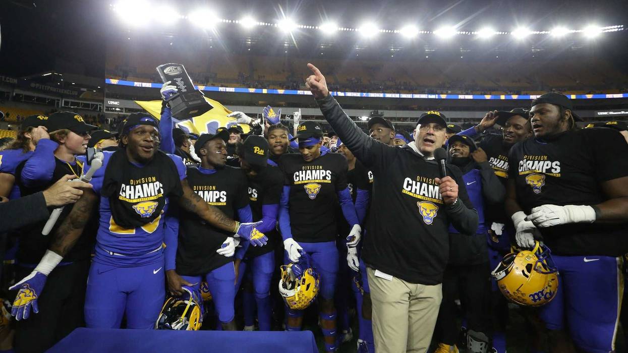 Pittsburgh Panthers head coach Pat Narduzzi address the crowd after the Panthers defeated the Virginia Cavaliers to secure the ACC Coastal Division Championship