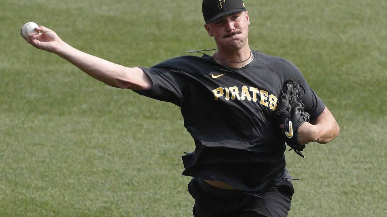 ; Pittsburgh Pirates pitcher Paul Skenes, the Pirates first pick and overall number one pick in the 2023 MLB Draft, throws in the outfield before the game against the Cleveland Guardians