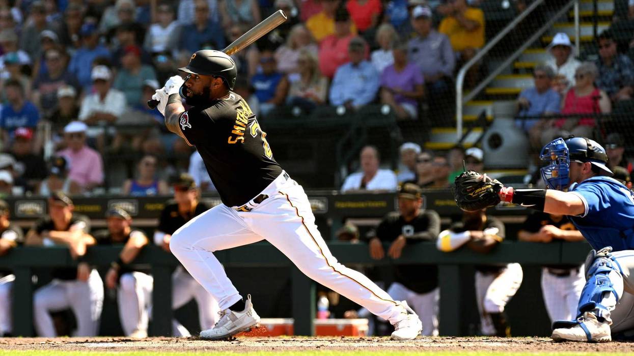 ; Pittsburgh Pirates right fielder Canaan Smith-Njigba (28) bats in the second inning of a spring training game against the Toronto Blue Jays