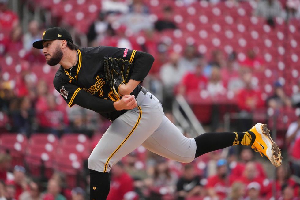 Pittsburgh Pirates starting pitcher Paul Skenes throws during the first inning of a baseball game against the St. Louis Cardinals Tuesday, May 6, 2025, in St. Louis.