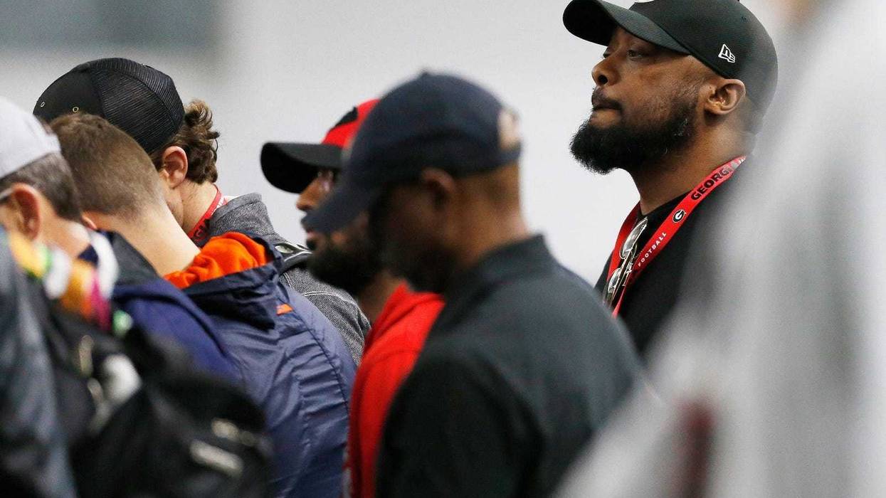 Pittsburgh Steelers coach Mike Tomlin watches during Georgia's Pro Day in Athens, Ga.