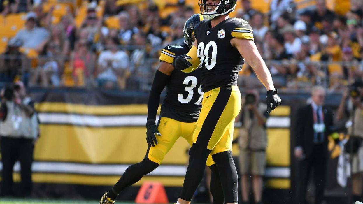 Pittsburgh Steelers linebacker T.J. Watt (90) celebrates a tackle against the Detroit Lions during the first quarter at Acrisure Stadium.