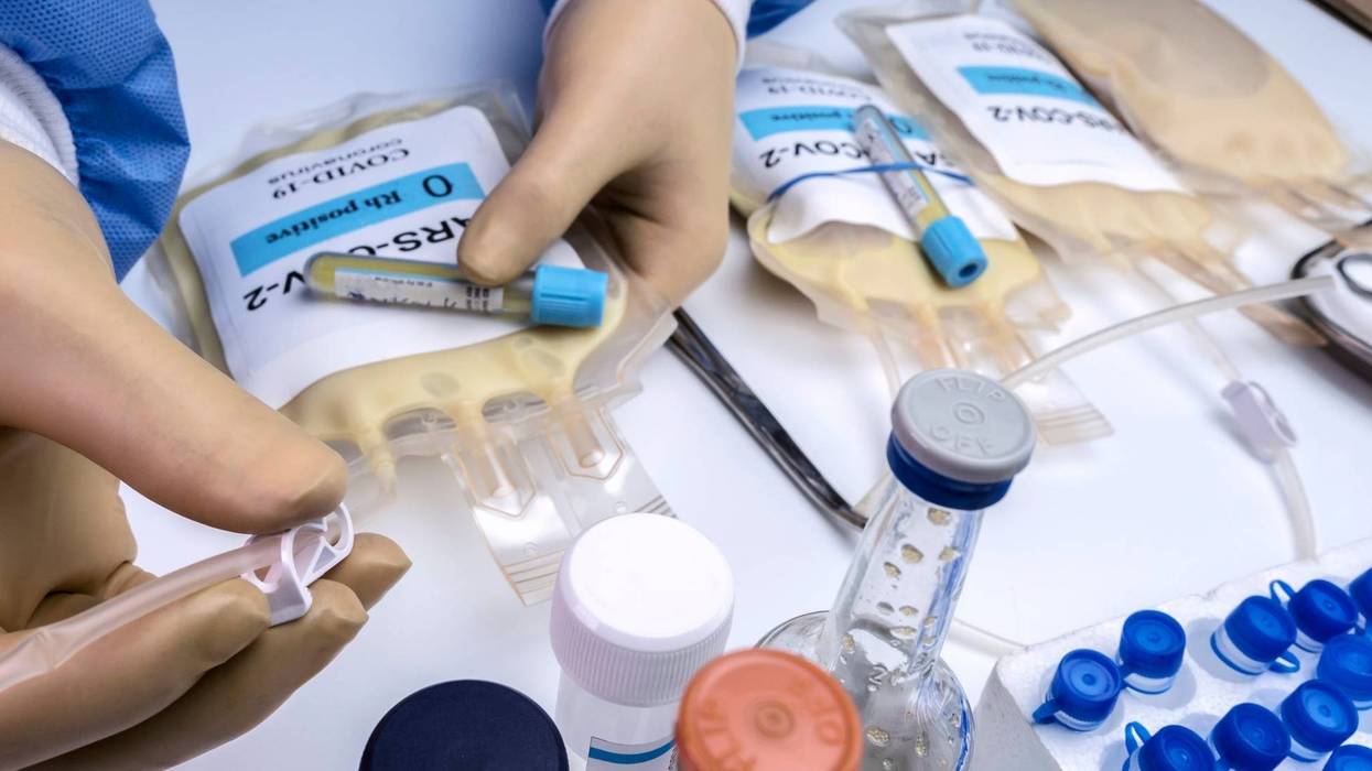 Plasma bag with antibodies from people cured of SARS-COV-2 Covid-19 prepared in a hospital