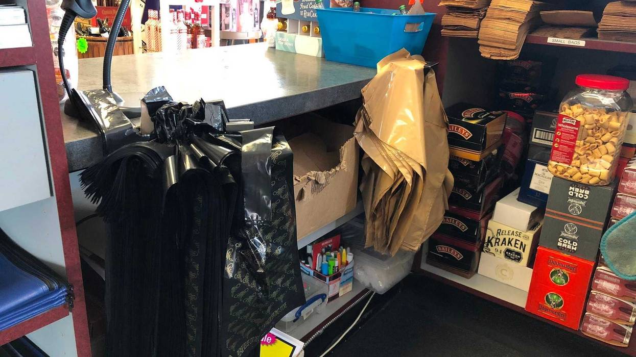 Plastic bags at Straight Up Wines & Liquors in Kenmore. January 24, 2020 (WBEN Photo/Mike Baggerman)