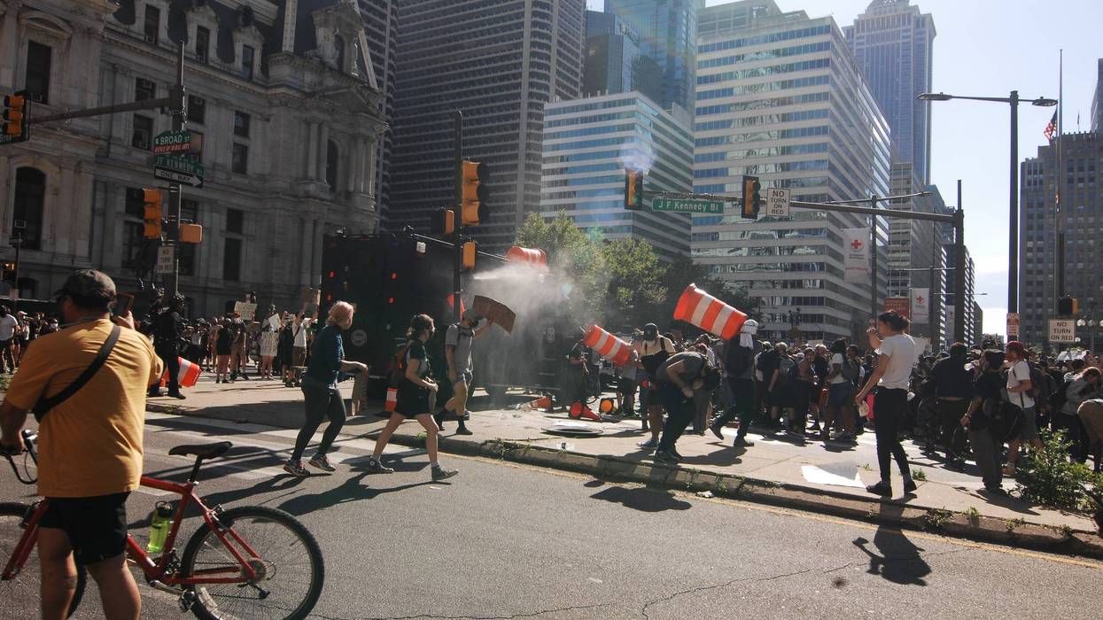 Police and protesters clash in Center City after a day of peaceful demonstrations in the wake of the death of George Floyd, on May 30, 2020.