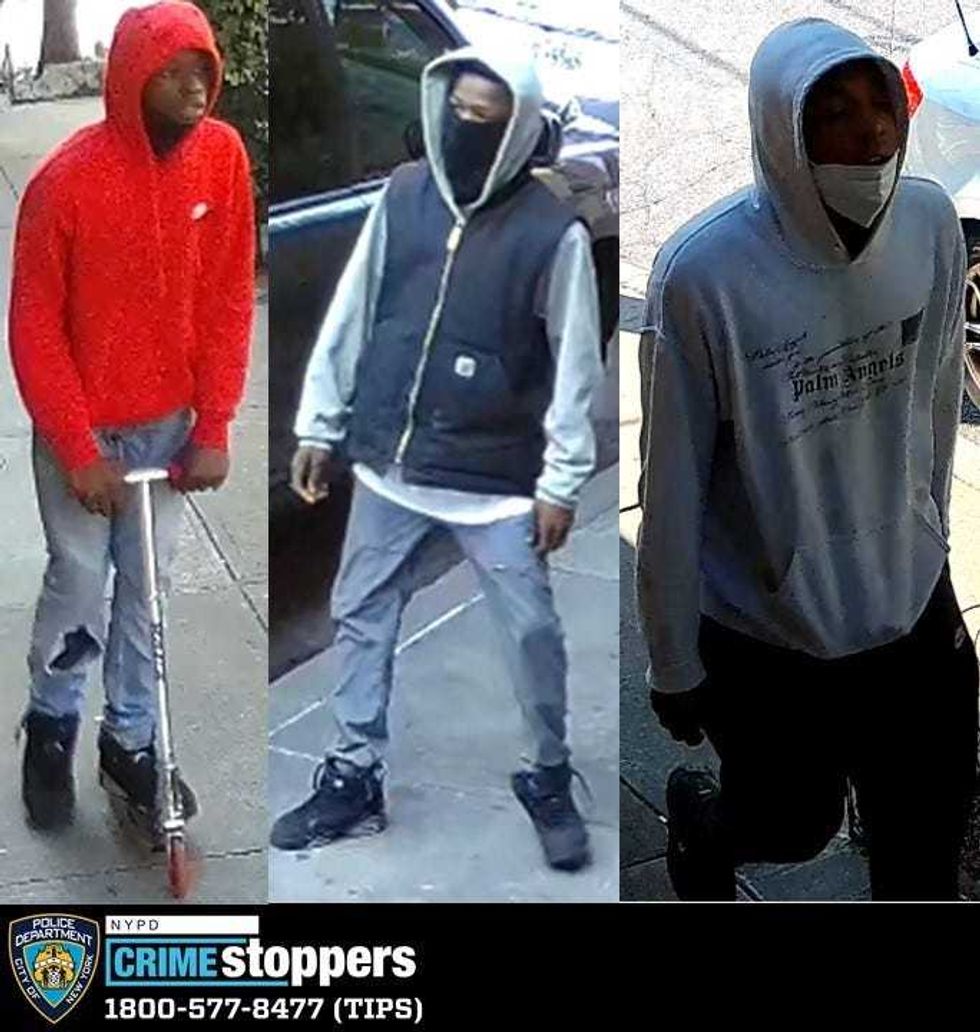 Police are looking to identify a trio of suspects accused of placing a man in a headlock during a scooter robbery that occurred in May in the Bronx, authorities said Wednesday.