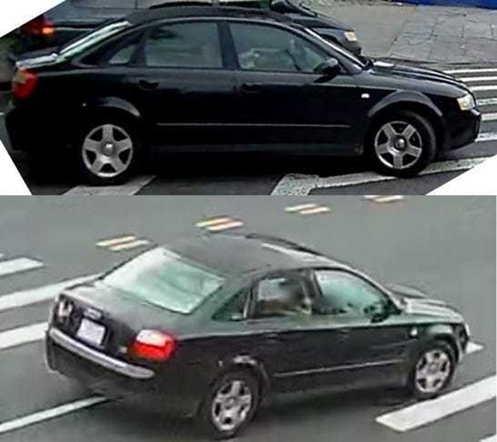 Police are searching for a black Audi four-door sedan with a paper license plate that was seen fleeing the scene Tuesday in Woodside