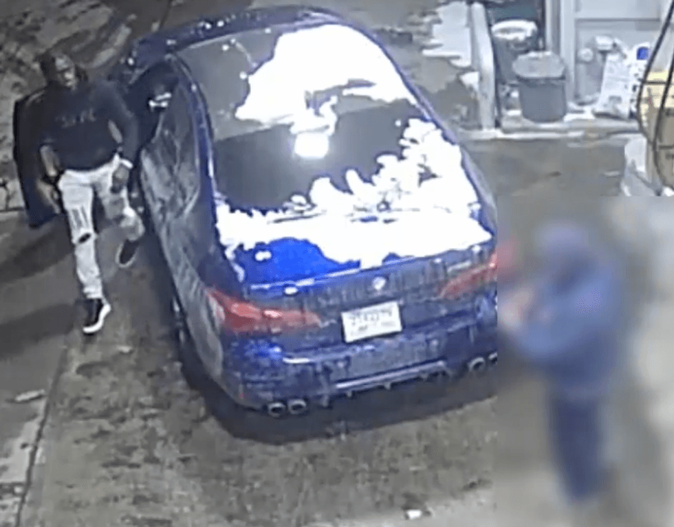 Police are searching for a man driving a blue BMW with temporary Texas plates