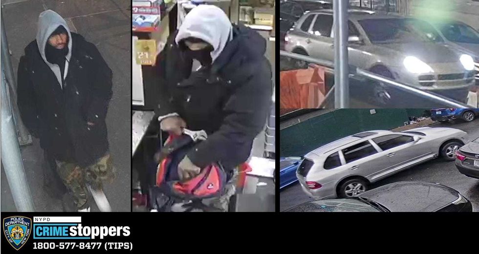 Police are searching for a man who committed multiple robberies in smoke shops across NYC, fleeing the second incident in a silver vehicle.