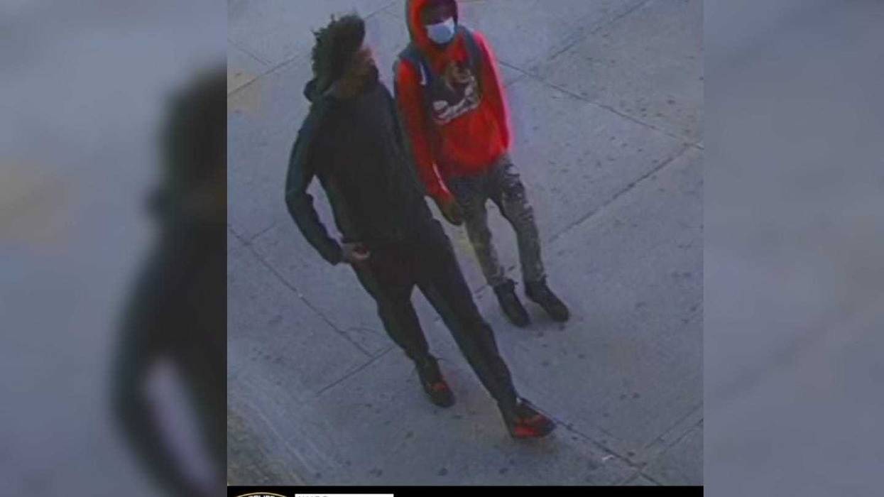 Police are searching for a pair of teen suspects after two teens were shot in broad daylight outside a deli in Crown Heights on Wednesday