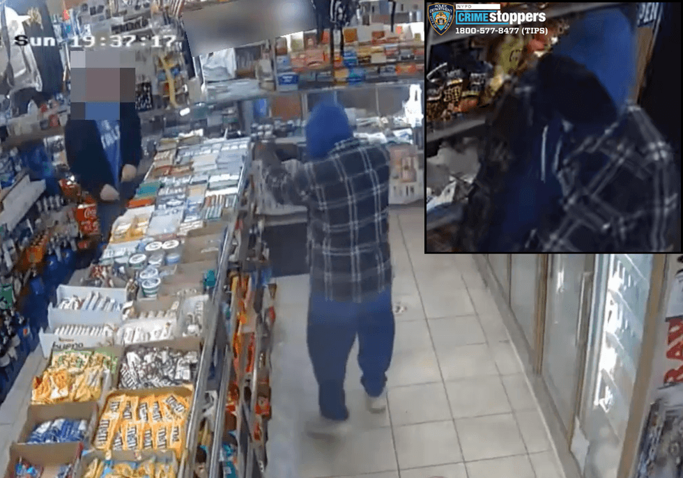 Police are searching for a robber who shot at a clerk and customer at a Staten Island bodega on Sunday evening
