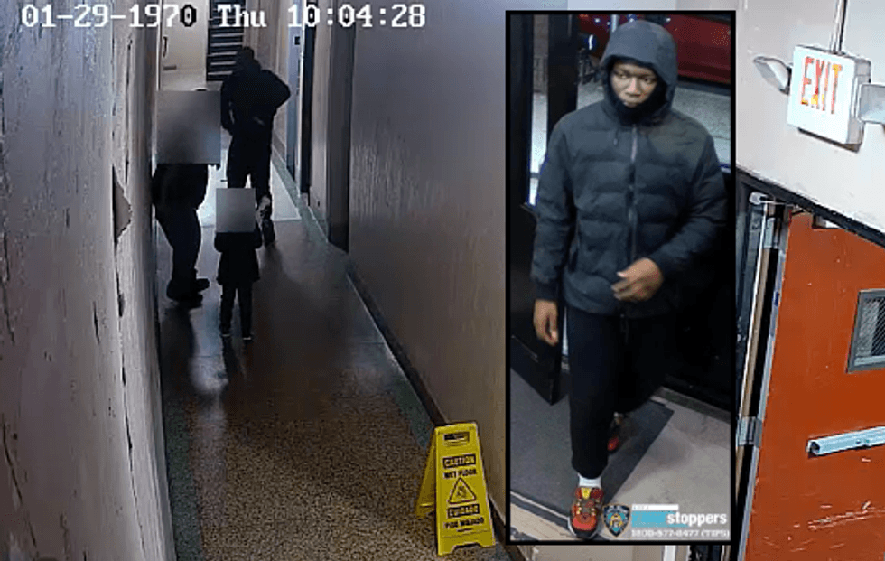 Police are searching for a suspect after a father and his six-year-old son were robbed at gunpoint in their Bronx apartment building Monday