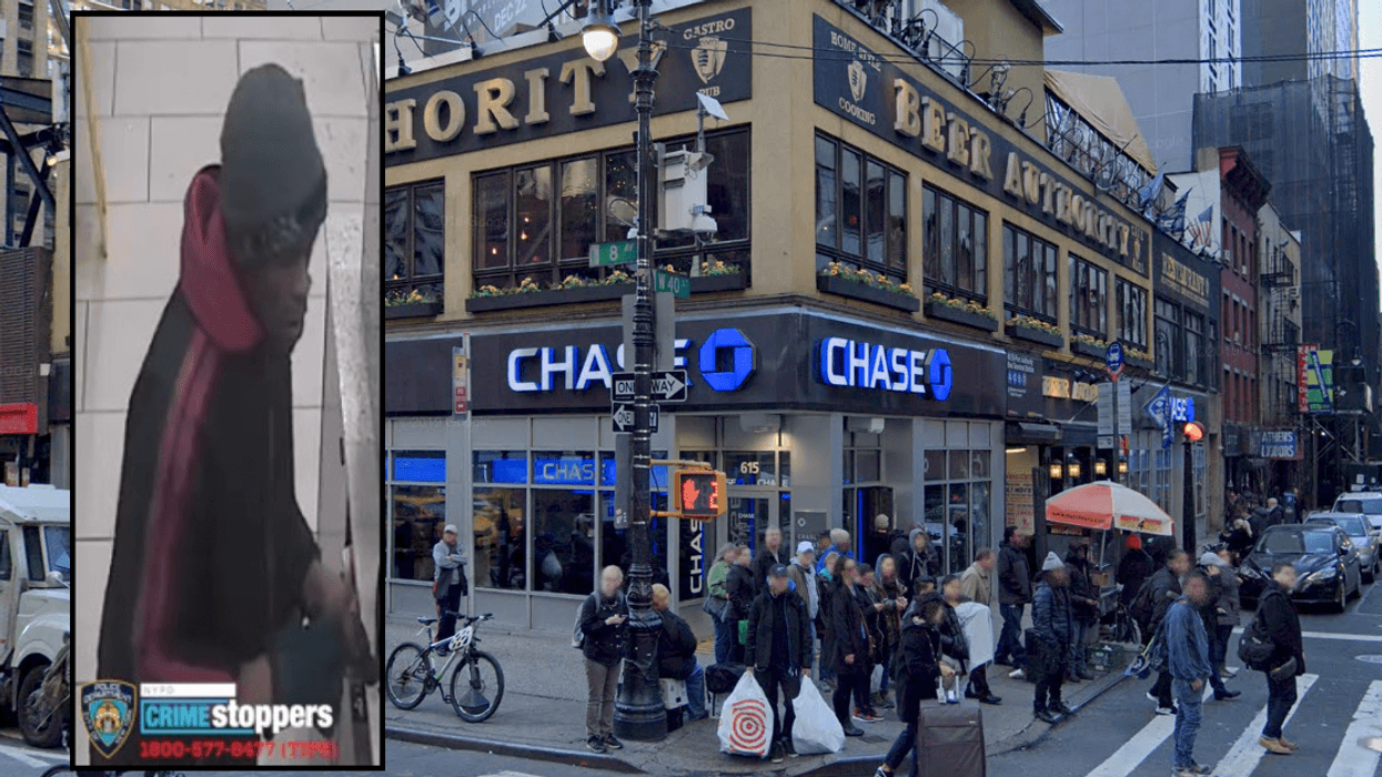 Police are searching for a suspect after a man was attacked with scalding coffee at a Chase bank near the Port Authority Bus Terminal on Thursday morning