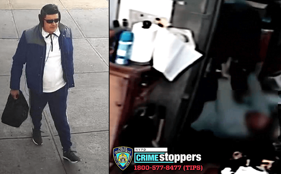 Police are searching for a suspect (left) in a brutal attack on a Queens pawn shop owner (right)