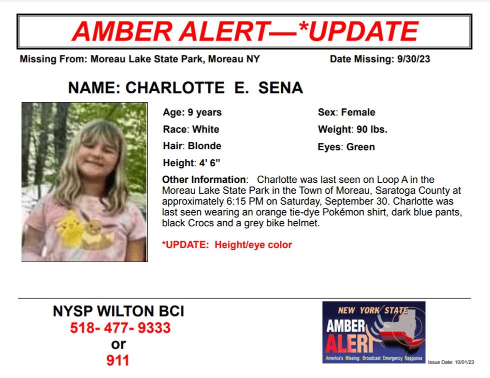 Police are searching for Charlotte Sena, 9, who went missing Saturday evening in Moreau, New York