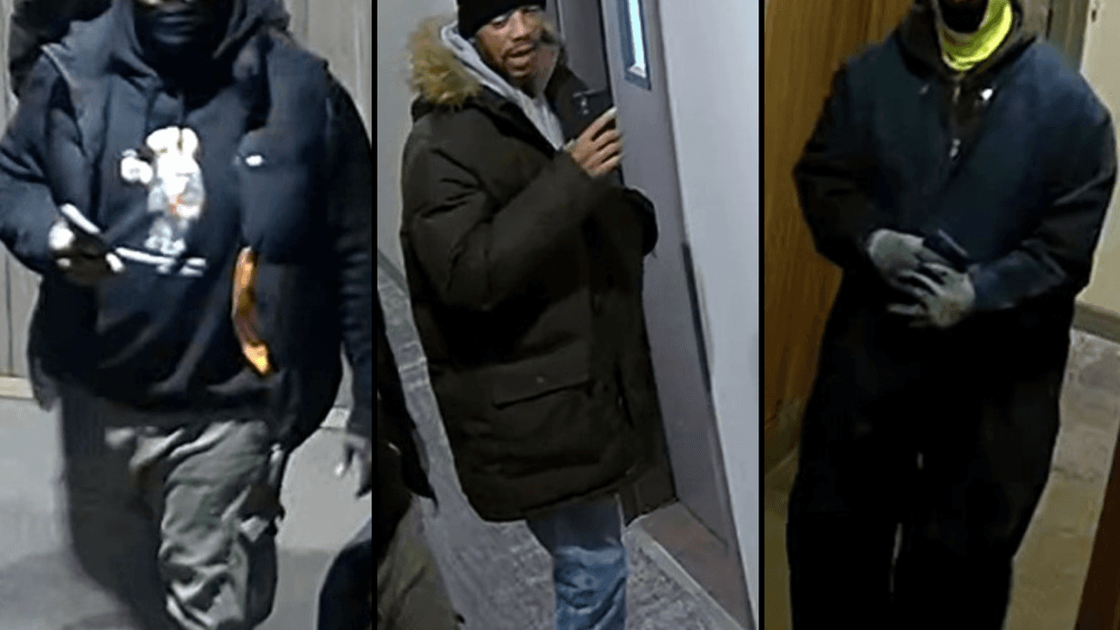 Police are searching for three men who attacked and robbed a woman at gunpoint as she left her Brooklyn apartment on Dec. 22, 2022