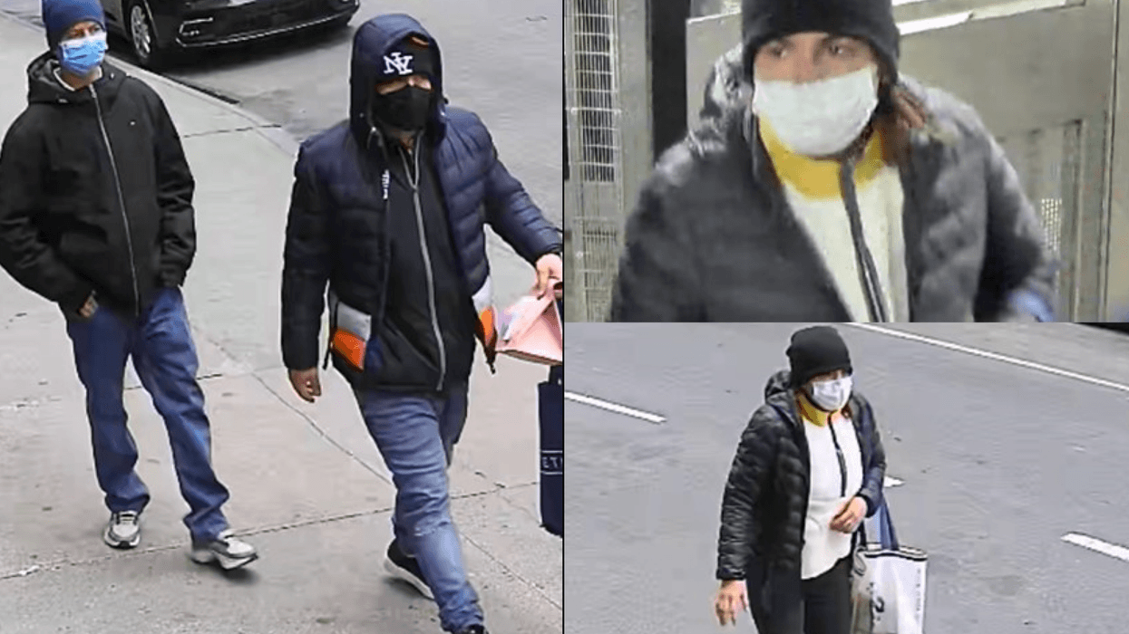 Police are searching for two men and a woman in their 30s after a man was relieved of a suitcase filled with $100,000 in jewels near Times Square