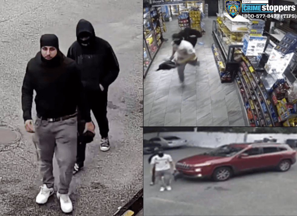 Police are searching for two suspects who fled the deli in a red Jeep Cherokee