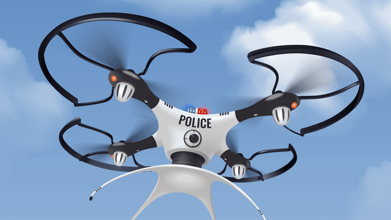 Police drone realistic in sky composition for security and protection of population in the city vector illustration