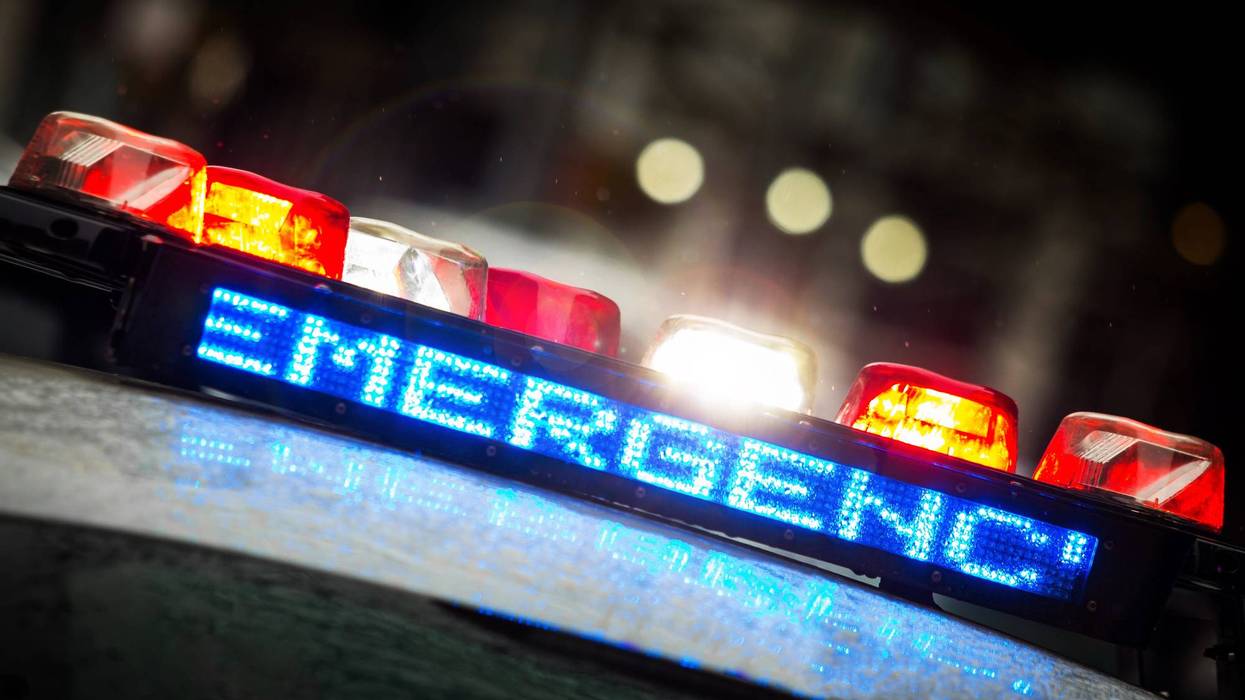 Police emergency lights with warning text close up display
