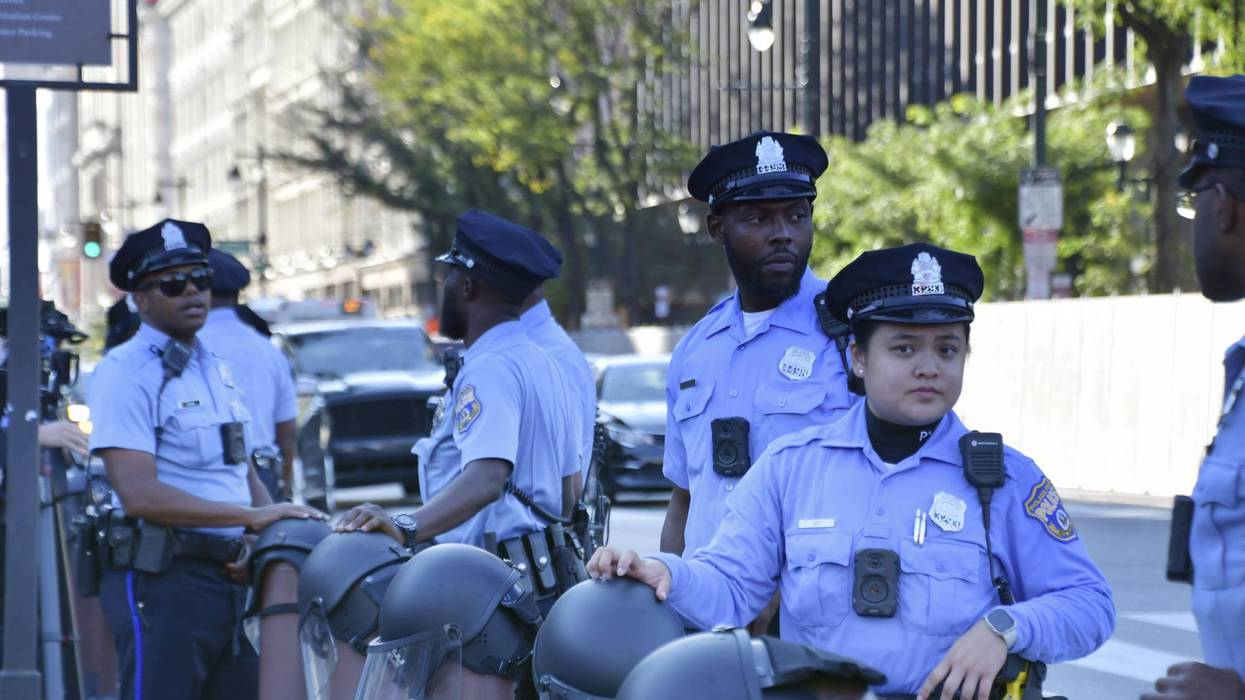 Police officers patrol near the venue of the presidential debate between Kamala Harris and Donald Trump in Philadelphia on Sept. 10, 2024.