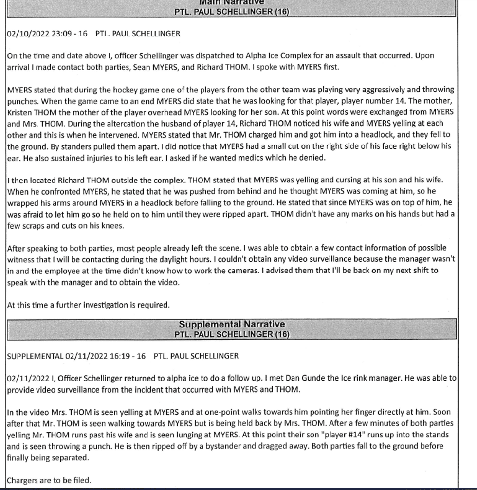 Police Report for Shaler hockey fight