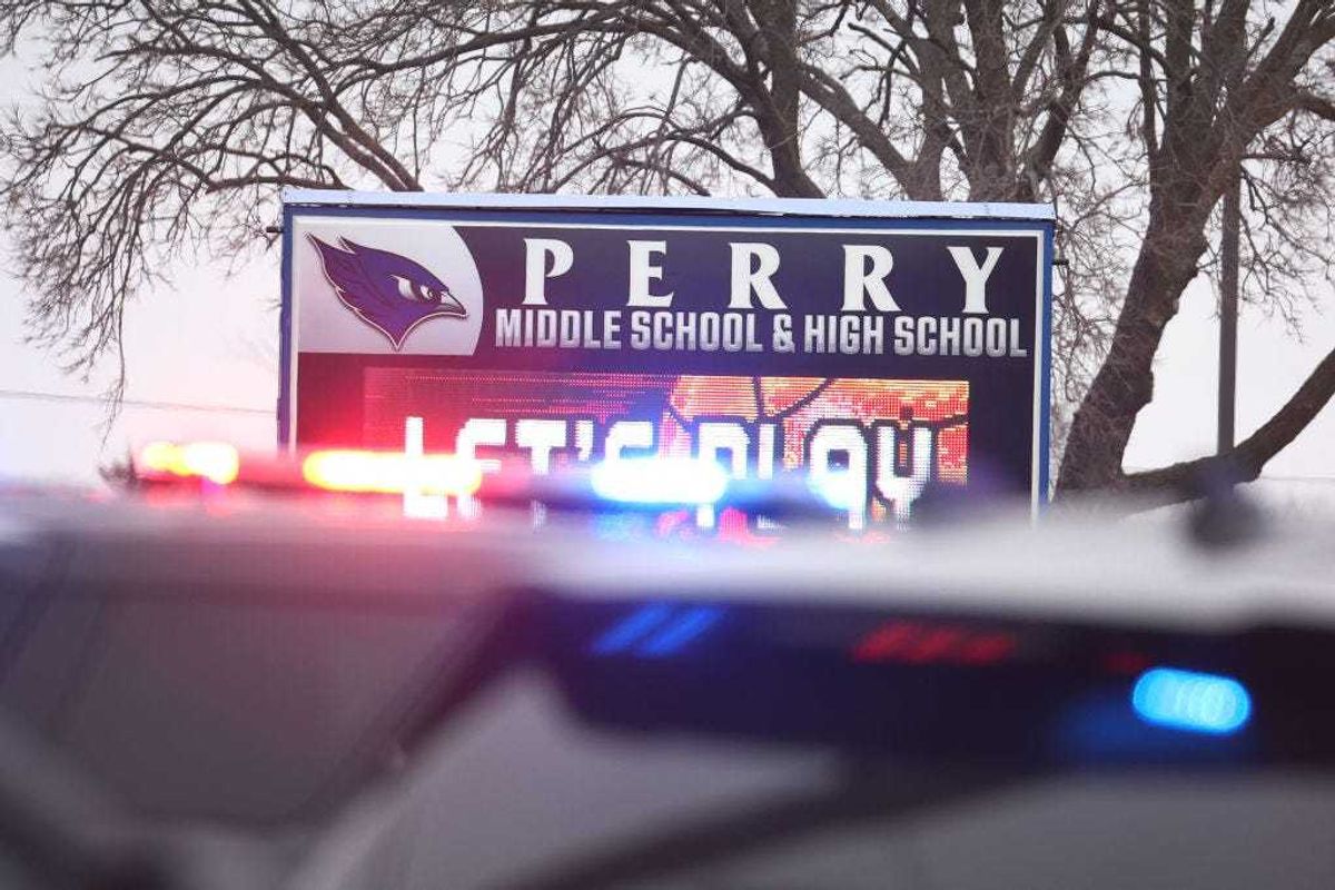 Police respond to a school shooting at the Perry Middle School and High School complex on January 04, 2024 in Perry, Iowa.