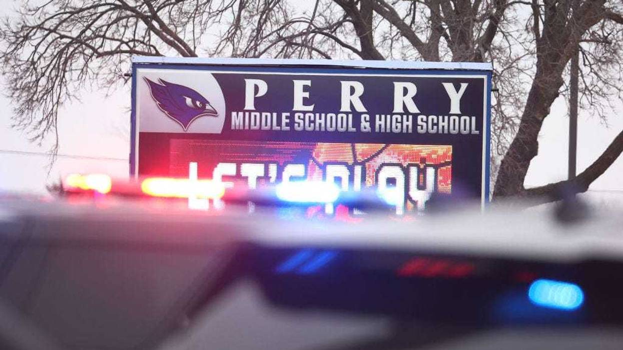 Police respond to a school shooting at the Perry Middle School and High School complex on January 04, 2024 in Perry, Iowa.