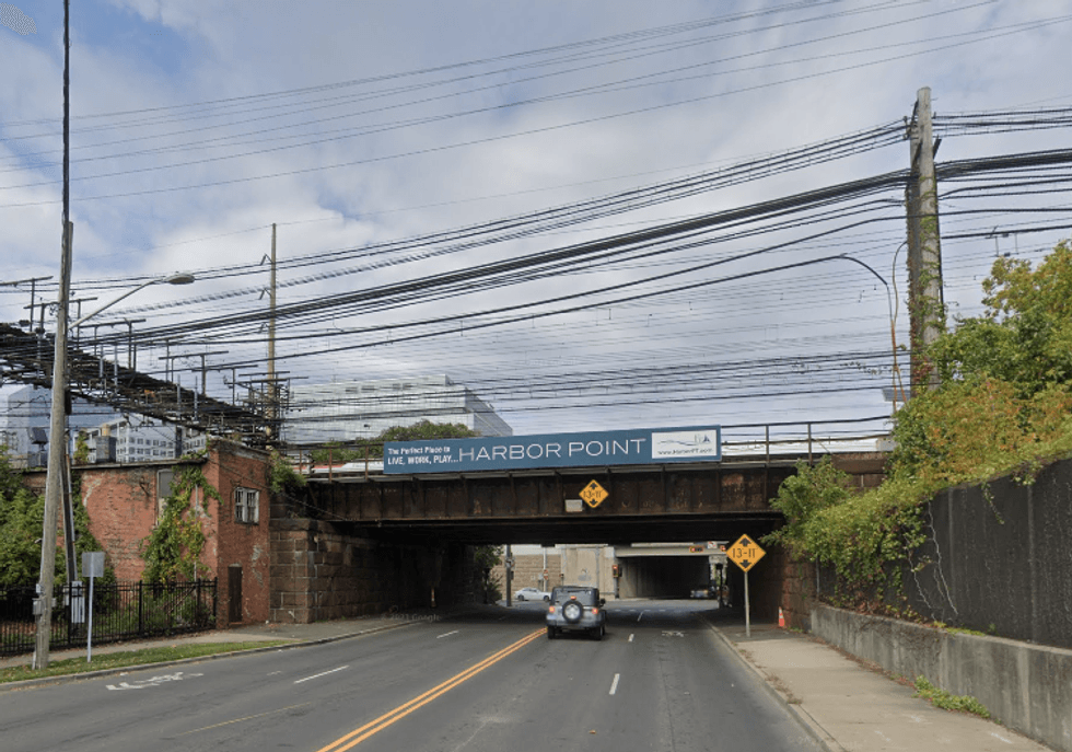Police said the suspect shot and killed himself under this Metro-North overpass in Stamford